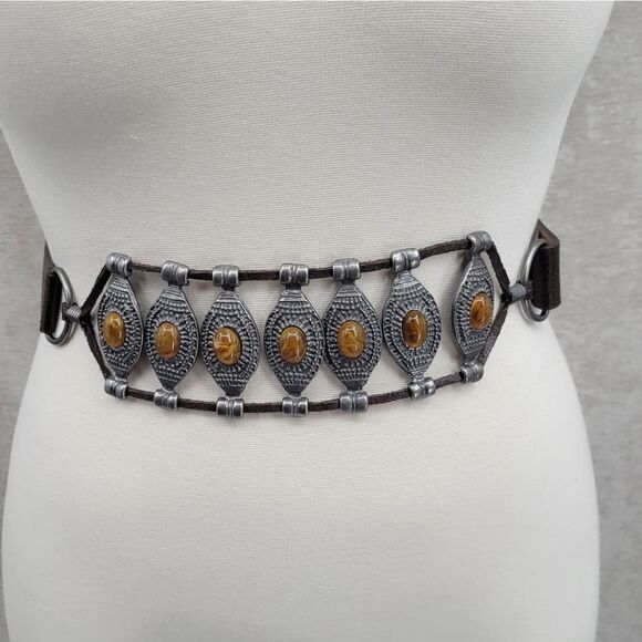 Chico's Vintage Brown Boho Cabochon Studded Adjustable Slide Belt Small Medium - Picture 1 of 15